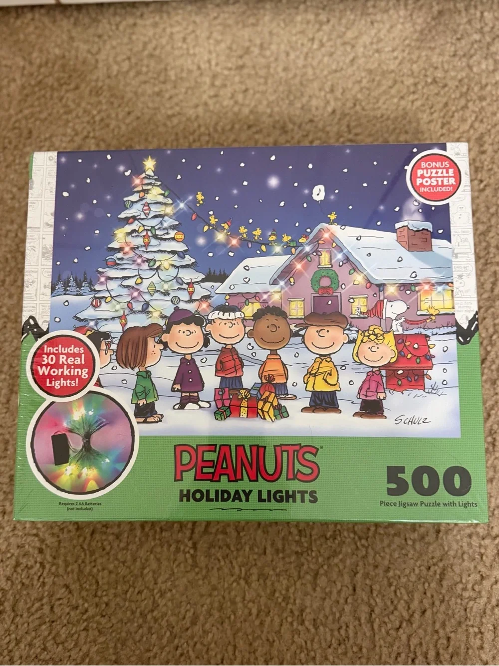 Brand New In Box Peanuts Charlie Brown Christmas Light Up 500-Piece Puzzle!